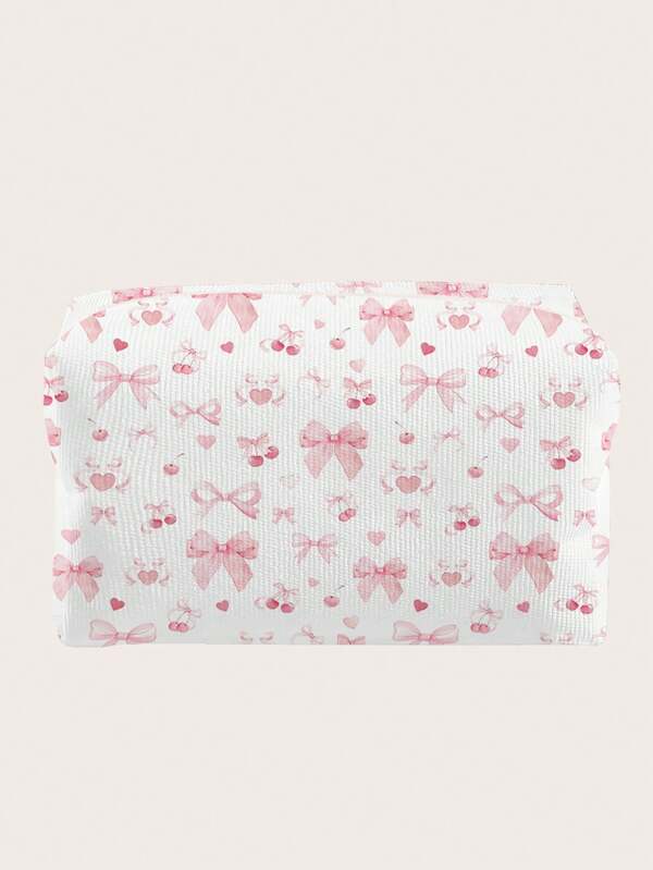 ROMWE Kawaii Velvet Makeup Pouch With Bow, Cherry & Heart Pattern