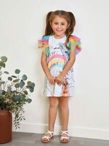 SHEIN Young Girl Cartoon Graphic Contrast Mesh Ruffle Trim Dress - Multicolor - View 3