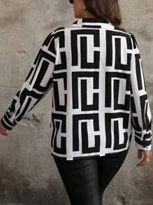 Plus Size Spring/Autumn Casual Allover Print Long Sleeve Shirt Fall Cloth For Women - Black and White - View 2