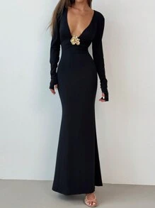 Aloruh Women's Sexy And Elegant Gathering Detail Deep-V Fitted With Gold Metal Decorated Black Cocktail Long Sleeve Dress Formal Dress Fall Women Dresses Prom Dress Black Dress Fall Women Clothes Long Sleeves Woman Knit Jersey Skinny Long Dress