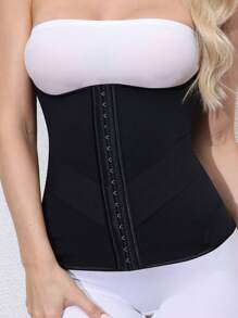 Solid Color Front Button Waist Trainer - Black - View 4