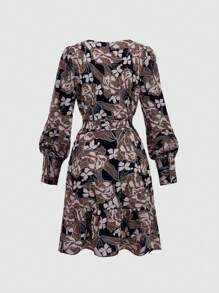 SHEIN Unity Vestido Longo de Manga Longa com Decote em V e Estampa Floral Feminino - Preto - Visão 2