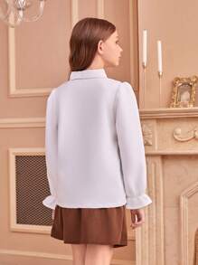 SHEIN Tween Girls Korean Style School Uniform Asymmetrical Ruched Cuff Shirt And Pleated Sweet Mini Skirt Set - Multicolor - View 2