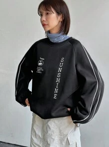 FRIFUL Women's Letter Printed Round Neck Loose Long Sleeve Sweatshirt, Casual Everyday,Fall Clothes School - Black - View 1