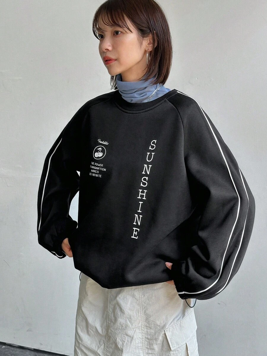 FRIFUL Women's Letter Printed Round Neck Loose Long Sleeve Sweatshirt, Casual Everyday,Fall Clothes School - Black - View 1