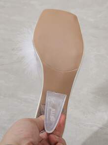 Women's Fluffy Feather-Like Slip-On Open Toe High Heel Shoes, Outdoor Fashionable Casual Mule Crystal Transparent Heel White High Heel Sandals, Spring/Summer