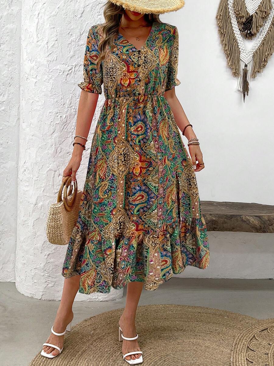 SHEIN LUNE Floral Print Vacation Dress With V-Neck, Half-Buttoned Front, Puff Sleeves, Bubble Hem, And Side Slit - Multicolor - View 1