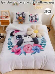 3 件套卡通熊猫数码印花儿童床上用品套装，可爱简约儿童羽绒被套枕套套装，适合男孩和女孩，四季皆宜 - 彩色 - 查看 1