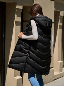 EURMUSE Petite Sleeveless Hooded Zip-Up Long Padded Coat With Pockets - Black - View 2