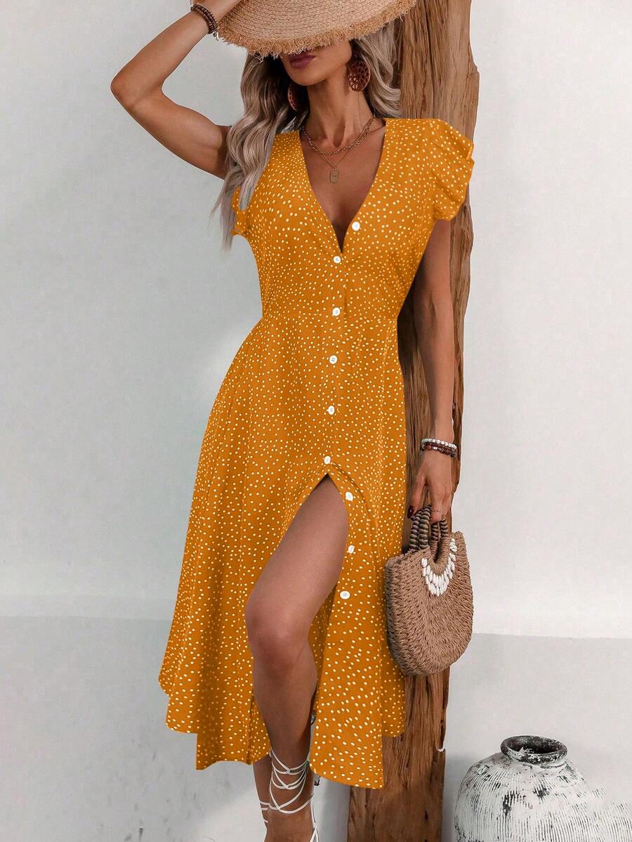 Breezaya 女士圆点印花纽扣连衣裙 - 黃色 - 查看 1