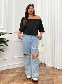 CovetEZ Plus Size Basic Loose Fit Dropped Shoulder Short Black Tee - Black - View 5