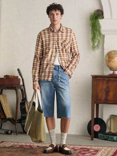 Manfinity VCAY Camisa de vestir holgada de manga larga tejida con estampado digital a cuadros para hombres