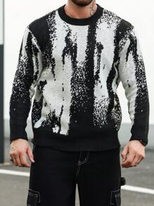 Manfinity LEGND Plus Size Men's Crew Neck Allover Print Long Sleeve Casual Loose Comfortable Fashionable Sweater