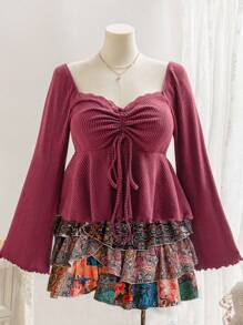 Soleia Camisa de manga abullonada con cordón de cierre frontal central, elástica y de punto, con sensación cálida acariciada, para vacaciones, talla grande, para otoño e invierno