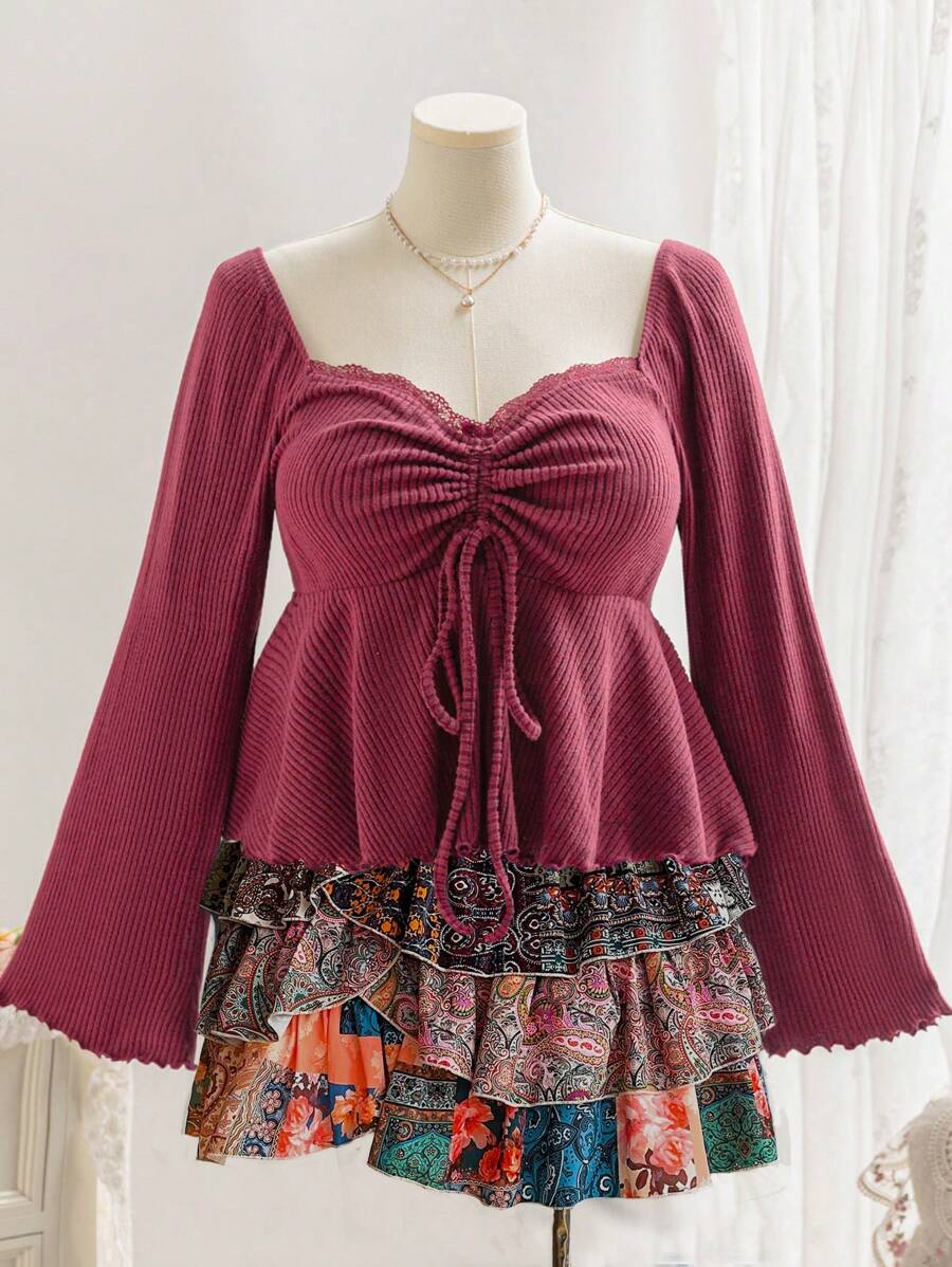 Dreamara Áo thun dệt kim co giãn thời trang mùa thu đông cho nữ cỡ lớn, tay loe, dây rút ở giữa, màu đỏ, cổ cao, ấm áp - Đỏ - Xem 1