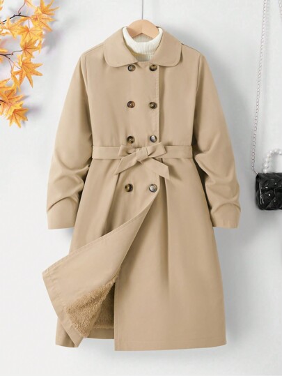 Tween Girls' Long Sleeve Double-Breasted Long Casual Trench Coat, Autumn/Winter