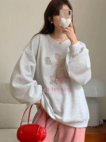 DAZY 女士保暖内衬韩版圆领长袖印花卫衣，秋冬款 - 灰色 - 查看 3
