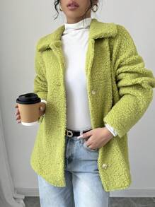 Selianne Chaqueta casual de botones delanteros de unicolor con cuello de sherpa de manga larga - Verde - Ver 4