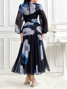 Modelyn Vestido largo de noche con mangas farol, volante y estampado floral para mujer primavera-verano - Azul - Ver 2