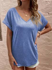 SHEIN LUNE V-Ausschnitt einfarbiges lässiges Kurzarm T-Shirt, Sommer