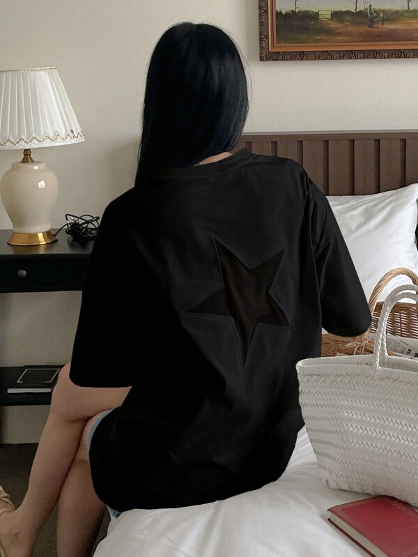 DAZY Camiseta casual de mujer de cuello redondo suelto, hombros caídos y manga corta con estampado de estrella, camiseta holgada de verano Y2K, parte superior tipo preppy