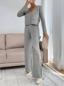 EURMUSE 2pcs/Set Front Button Placket Long Sleeve Pocket Casual Top And Pants Outfit - Grey - View 5