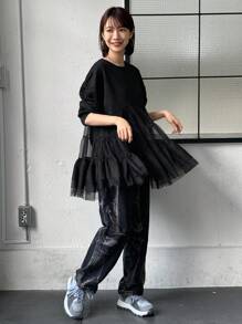 FRIFUL Áo cánh rộng tay dài cổ tròn lưới xếp nếp thường ngày cho nữ, mặc hàng ngày, nhún bèo - màu đen - Xem 2