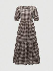 Breezaya 女士时尚格子圆领短袖泡泡袖荷叶边优雅连衣裙长款度假沙滩装 - 彩色 - 查看 3