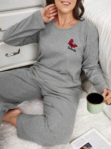 RueChic 100% Cotton 2pcs Plus Butterfly Embroidery Detail PJ Set - Grey - View 5