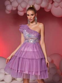 SHEIN Belle Elegante e luxuoso vestido roxo de um ombro plissado em malha contrastante com lantejoulas maxi em linha A, adequado para casamento, festa, formatura, baile de formatura, vestido semiformal, para aniversário, convidado de casamento, baile de formatura - Roxa - Ver 2