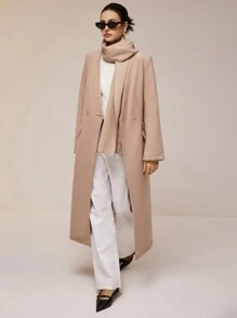 Poéselle Women's Casual Solid Color Double Breasted Long Overcoat With Scarf, Autumn Winter - Khaki - View 3