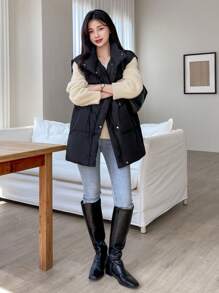 DAZY Women's Winter Casual Solid Color Stand Collar Drawstring Waistcoat Padded Coat , Black Vest ,Winter Women Clothes,Winter Coat Women Jacket - Black - View 7