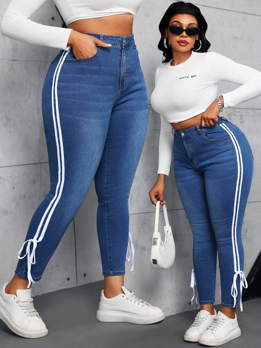 SHEIN SXY Plus Size White Denim Skinny Pants With Ribbon Bow Drawstring - Medium Wash - View 1