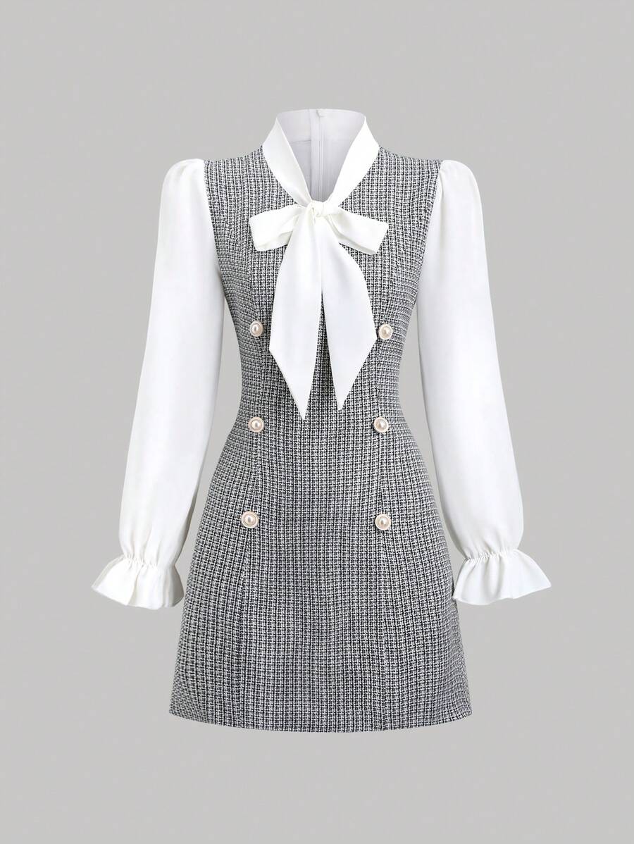 Sweetra Women Contrast Color Bow Tie Patchwork Dress