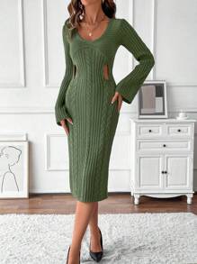 SHEIN Clasi Casual Solid Color Hollow-Out Bell Sleeve Sweater Dress, Fall/Spring - Green - View 3