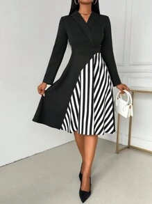 SHEIN Clasi Women's Elegant Long Sleeve Striped Printed Dress - Black - View 4