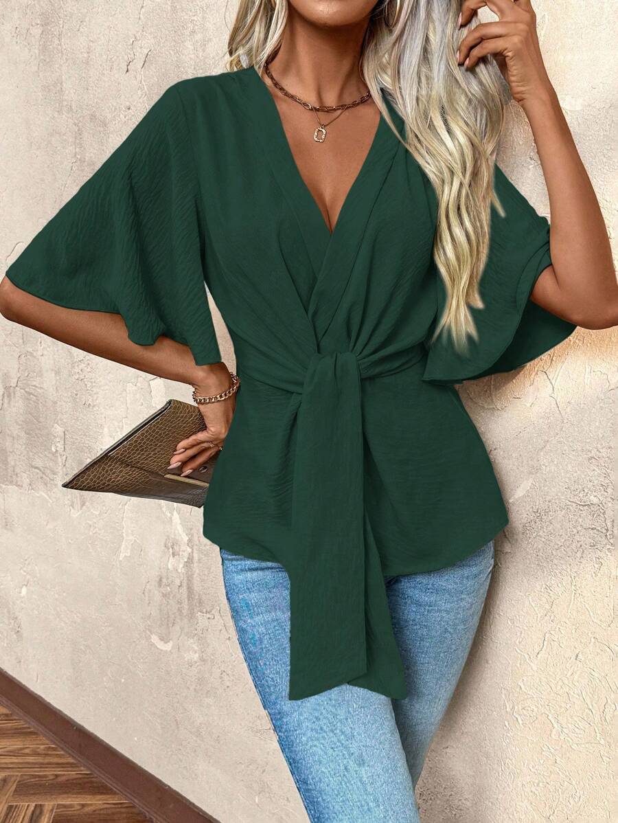 Chiquease Solid V-Neck Crossed Wrap Asymmetric Hem Short Sleeve Blouse - Dark Green - View 1