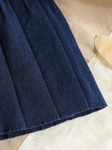 Young Girl Solid Color Knit Pleated Skirt Sweater, Spring & Fall - Navy Blue - View 4