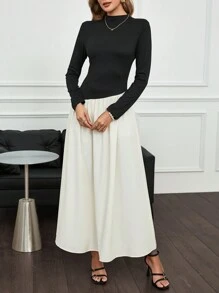SHEIN Clasi 女士迷你立领拼接长袖荷叶边连衣裙 - 黑與白 - 查看 4