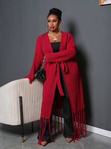 Slaydiva Veste d'hiver pour femmes grande taille, couleur unie, avec nœud papillon et manches à franges, couleur bordeaux - Rouge foncé - Voir 7