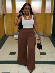 Slaydiva Pantalon évasé avec poches style tenue de travail casual pour femmes, automne