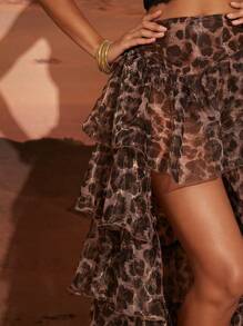 Hauture Women's Leopard Print Pleated Ruffle Layered Skirt, Casual Resort Wear