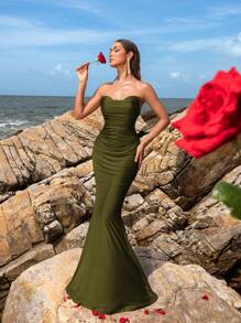 Solid Color Ruffle Front Mermaid Hem Formal Strapless Dress, Elegant For Gala, Weddings, Graduations, Formal Dinners - Olive Green - View 2