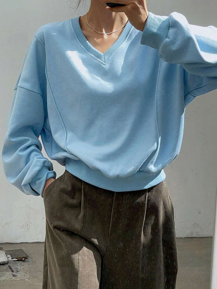 DAZY Sudadera holgada con cuello en V de forro polar cálido para mujer, ropa de mujer de otoño e invierno - Azul - Ver 1