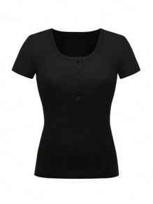 INAWLY Blusa de manga corta de unicolor negro con cuello redondo y botones delanteros para mujeres de talla grande