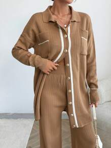 EURMUSE Women Pocket Detailed Front Button Collar Neck Drop Shoulder Cardigan & Sweater Pants Set - Camel - View 2