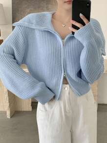 DAZY 女士宽松短款拉链开衫，秋季女装夹克 - 藍色 - 查看 8