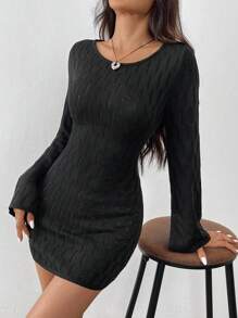 SHEIN EZwear 黑色紧身毛衣裙 - 黑色 - 查看 2