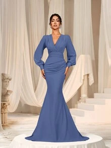 Faeriesty 女士优雅交叉V领灯笼袖鱼尾连衣裙 - 精致永恒的设计，适合春夏婚礼、晚宴、红毯伴娘礼服、夏季度假装扮 - 霧霾藍 - 查看 5