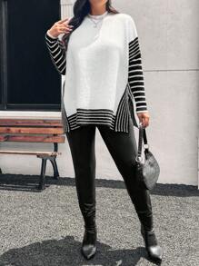 SHEIN Frenchy 大码女式撞色毛衣 - 米色 - 查看 4